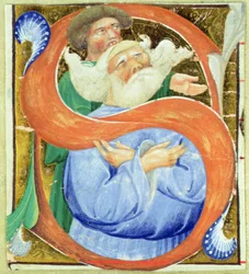 Initiale historiée S représentant un vieil homme priant